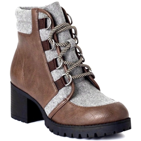 Scoop Brown Grey Faux Leather & Multi Media Hiking Style Lace Up Heeled Boots - Picture 1 of 11